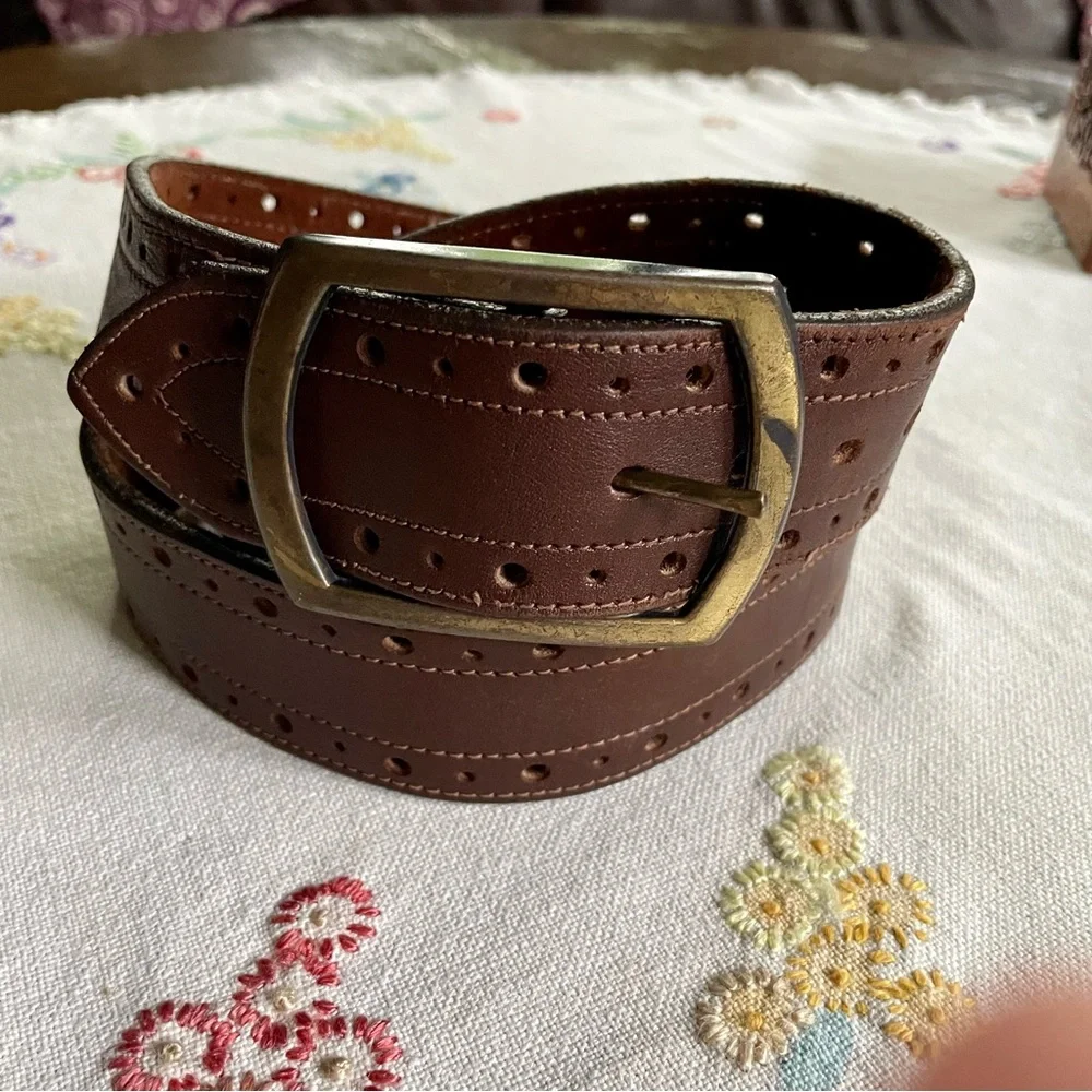Vintage Leather Perforated Belt with Burnished Brass Buckle. Brown. Large 42-44